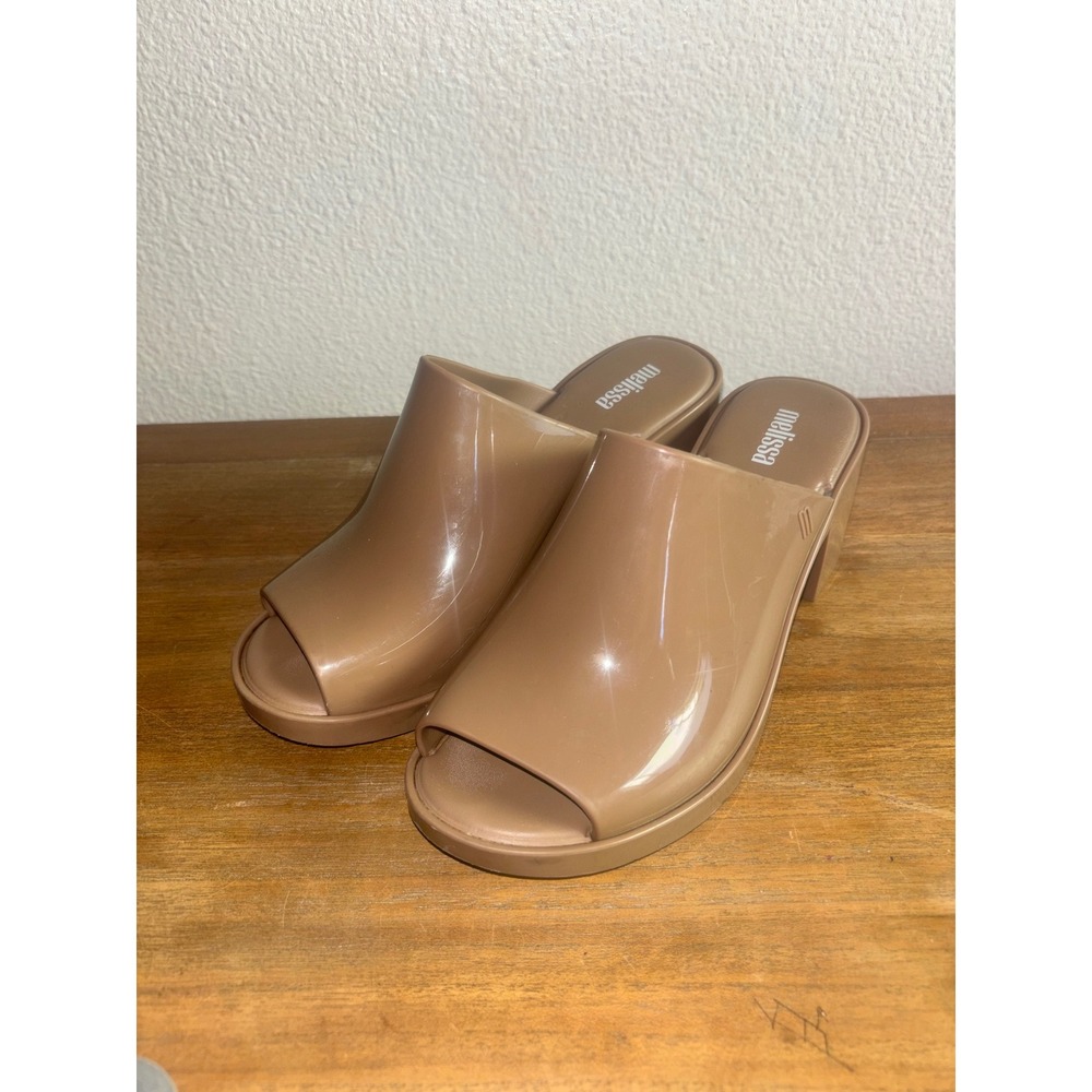 Melissa Women's Open Toe Mules Block Heels Jelly Sandals Size 7 Taupe brown
